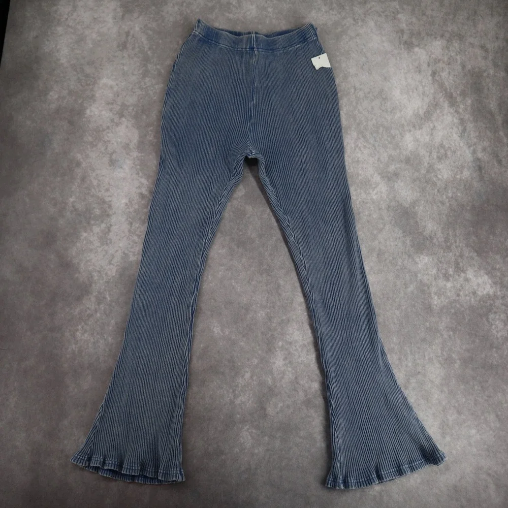 Urban Outfitters Flare Leggings Blue Ribbed Pants M Y2K Lettuce Hem Stretch